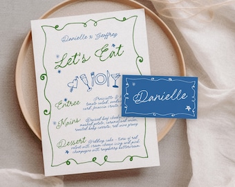 GEORGIE Wavy Wedding Menu Placecard Combo Template, Dinner Drinks Bar Menu, Handwritten Scribble Illustration, Editable Templett Download
