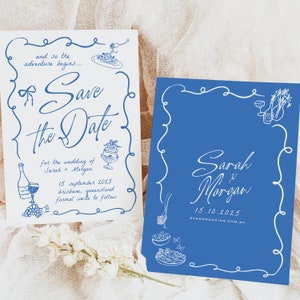 Modèle « Save the Date » de mariage dessiné à la main VINO, gribouillis dessinés à la main illustré d'invitation de mariage amusante, téléchargement immédiat Templett