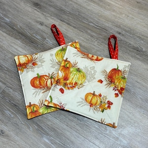 May include: Two quilted pot holders with a fall pumpkin design. The pot holders feature orange, yellow, and green pumpkins with fall foliage on a cream background. Each pot holder has a red polka dot loop.