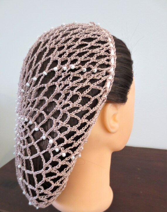 Antique Pink Crochet Snood With White Beads Hair Accessory Etsy
