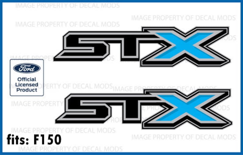 May include: Two black and silver decals with a blue and white "STX" logo. The decals are for Ford F150 trucks. The text "fits: F150" is at the bottom of the image.