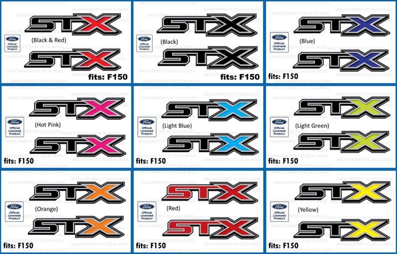 May include: A set of ten Ford F150 STX decals in various colors, including black, red, blue, light blue, light green, hot pink, orange, and yellow. Each decal features the word "STX" in a bold, black font with a contrasting color accent.