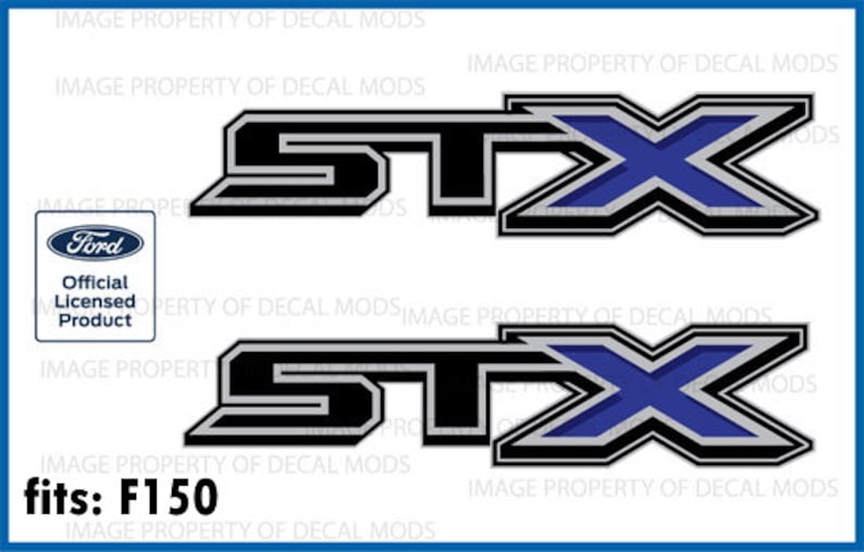May include: Two black and silver Ford F150 STX decals with a blue X. The decals are officially licensed Ford products.