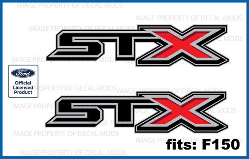 May include: A pair of black and silver decals with a red "X" for a Ford F150 truck. The decals say "STX" and are officially licensed Ford products.