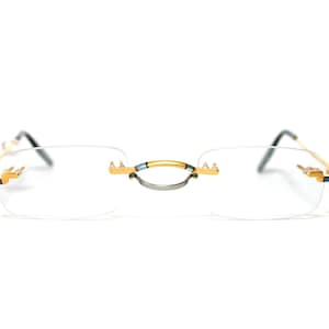 Eyeglasses Rimless Modern Gold Blue Vidi Vici 22ct Gold Plated Double Nose Bridge 23mm 140mm New Old Stock NOS FREE SHIPPING Creative