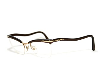 Nylor Randloze Cat Eye Bril Frame Gold Filled Brown Echte jaren 50 60 Frankrijk Brillen Medium GRATIS VERZENDING Amor Style Frankrijk 50-19-140