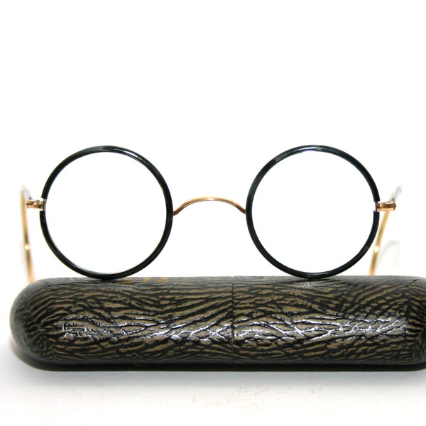 Spectacles Original Antique Gold Windsor Round New Old Stock NOS 1910's 1920's Tortoise Shell Gold Filled Cable Ends Small Medium 38-26-155