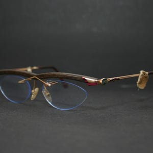 Ręcznie robione okulary z artystyczną drewnianą oprawką, pozłacane 22-karatowym złotem, linia brwi, duży rozmiar, 52-18-140, nowe, stare zapasy, bez VAT, darmowa wysyłka, projektant