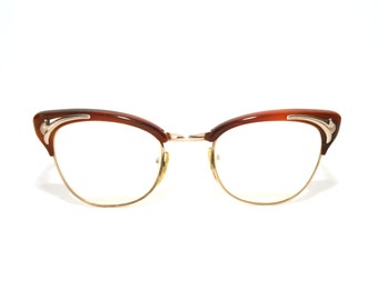 Katzenaugen Brille Braun 12k Gold Filled Brillengestell KOSTENLOSER VERSAND Klein Mittel Größe 44-21-135 Damen Dame 1960er 60er Jahre Hervorragender Zustand