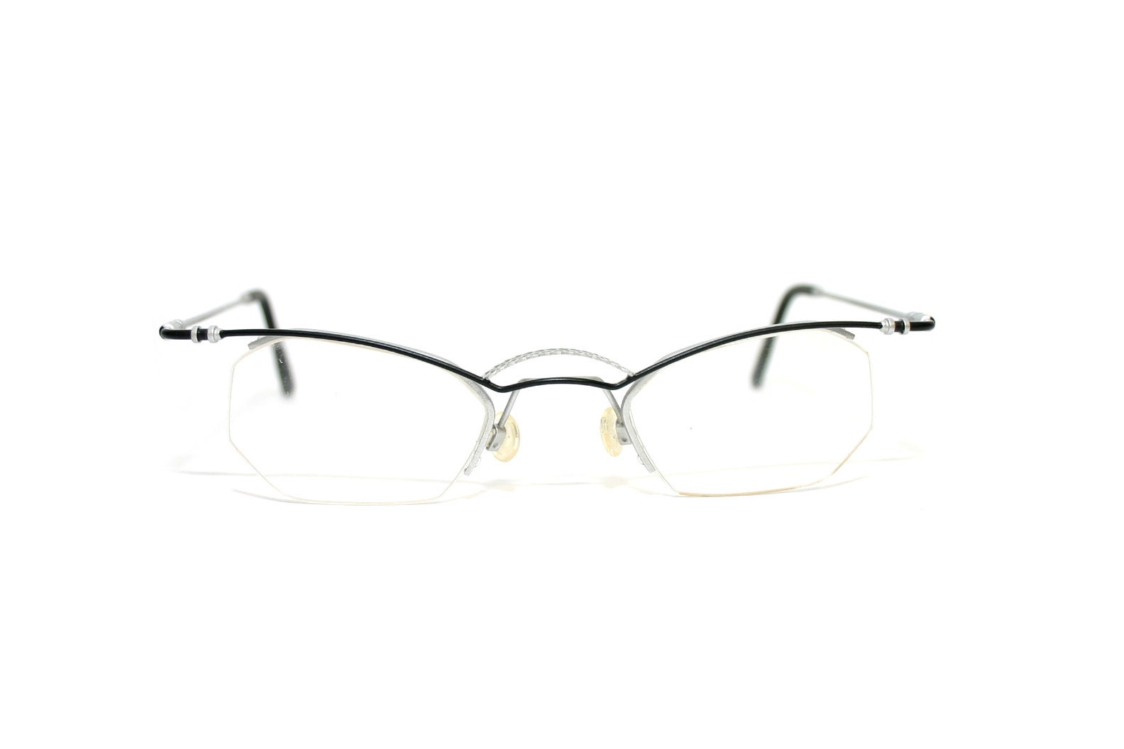 Creative Eyeglasses Frame 1990's Black Silver Grey Small Lenses Honey Grid Art Design Frame Minimal Modern 90's New Old Stock NOS Medium
