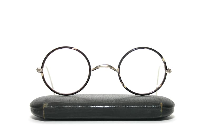 Anteojos antiguos Níquel Nuevo Old Stock NOS 1930's Round Eye Glasses Frame Windsor Cable Ends Coil Arms Tamaño pequeño 38-24-160 Marrón Marfil imagen 2