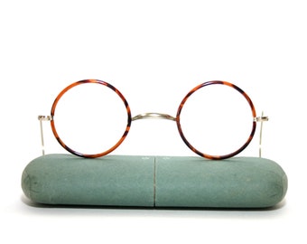 Antike Brillen Große Nickel Schildpatt 1920er 1930er Jahre Runde Brillen Windsor Kabelenden Coil Arme w Gehäuse Größe 42-28-175 NEW NOS