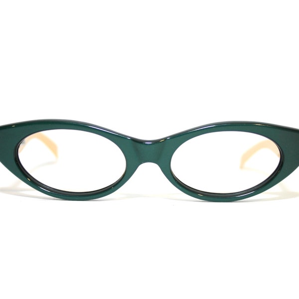 Peacock Green 60's Cat Eye Glasses Neostyle Coco Gold Aluminium Oval Eyeglasses Medium Sized 48-16-130 FREE SHIPPING 1960's Rx Rockabilly