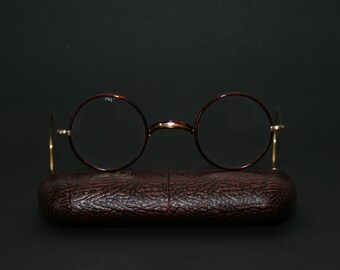 Lunettes de vue antiques des années 1920 1930, montures rondes Windsor avec étui moyen 40-28-160, nez large, embouts de câble neufs, bras enroulés comme neufs