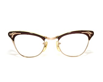 Arco Gold Filled Early Cat Eye Glasses 50's Brown Eyeglasses Frame Spectacles ENVÍO GRATIS Pequeño 44-20-135 Pin Up para mujer