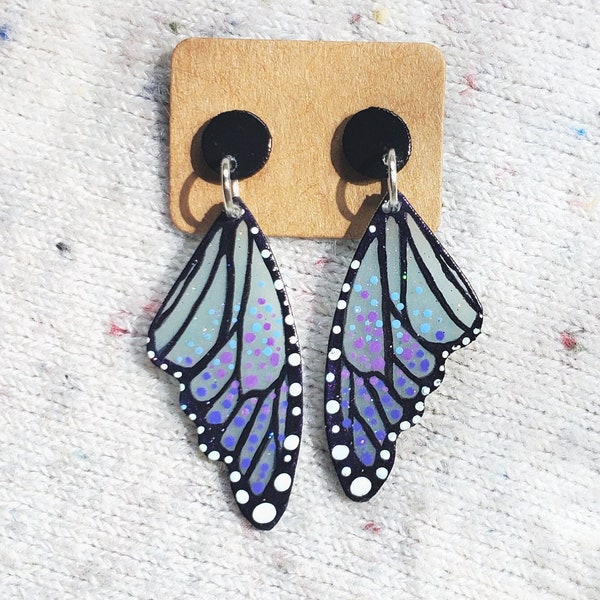 Handmade Iridescent Purple Butterfly Wing Dangle Earrings