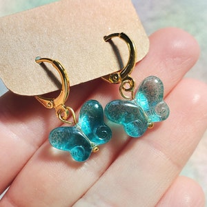 Teal Blue Butterfly Huggie Hoop Earrings Gold