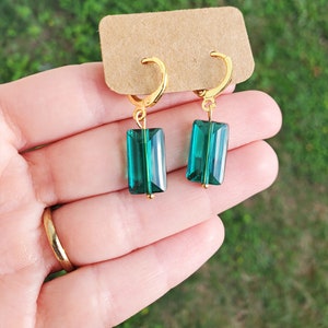 Emerald Green Crystal Gold Huggie Hoop Earrings