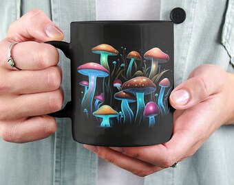 Taza de setas mágicas de hongos bioluminiscentes, taza de setas, taza de café de setas, taza de setas de café con diseño de setas fluorescentes
