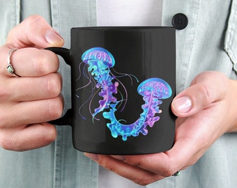 Taza de medusas cósmicas taza de café bioluminiscente, taza de vida marina, taza náutica, regalo de medusas