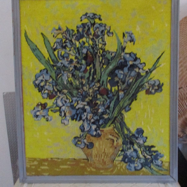 canevas tapisserie vintage VAN GOGH Les lys brodé fil colbert laine jaune bleu Sans cadre