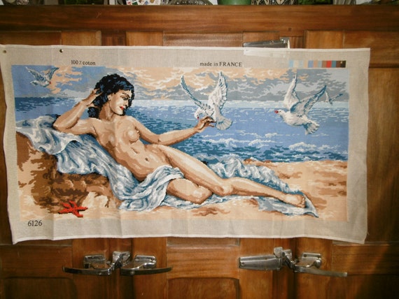 French tapestry canvas finished/naked woman at beach seagulls / deco sea  holiday embroidered hand/ deco 50s/ fisherman's beach house