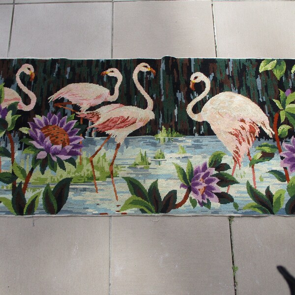 Tapisserie canevas flamants roses oiseaux français vintage, VENDU SANS CADRE