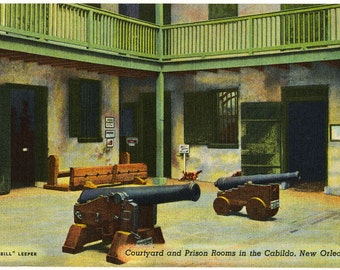 Courtyard and Prison Rooms in the Cabildo, New Orleans, LA, Vintage Linen Postcard, 1930's-1940's