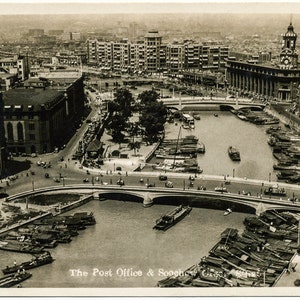 Vintage Postcard, Digital Download, Antique Postcard, 1930's, The Post Office and Soochow Creek, Shanghai, China, Digital Download image 1