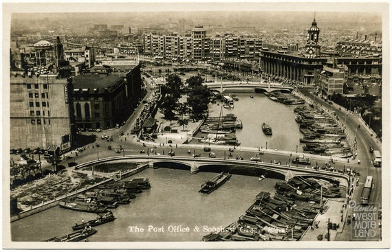 Vintage Postcard, Digital Download, Antique Postcard, 1930's, The Post Office and Soochow Creek, Shanghai, China, Digital Download