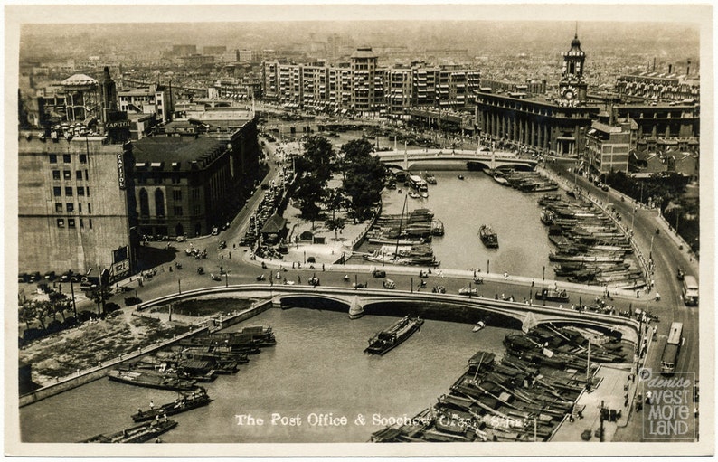 Vintage Postcard, Digital Download, Antique Postcard, 1930's, The Post Office and Soochow Creek, Shanghai, China, Digital Download image 1