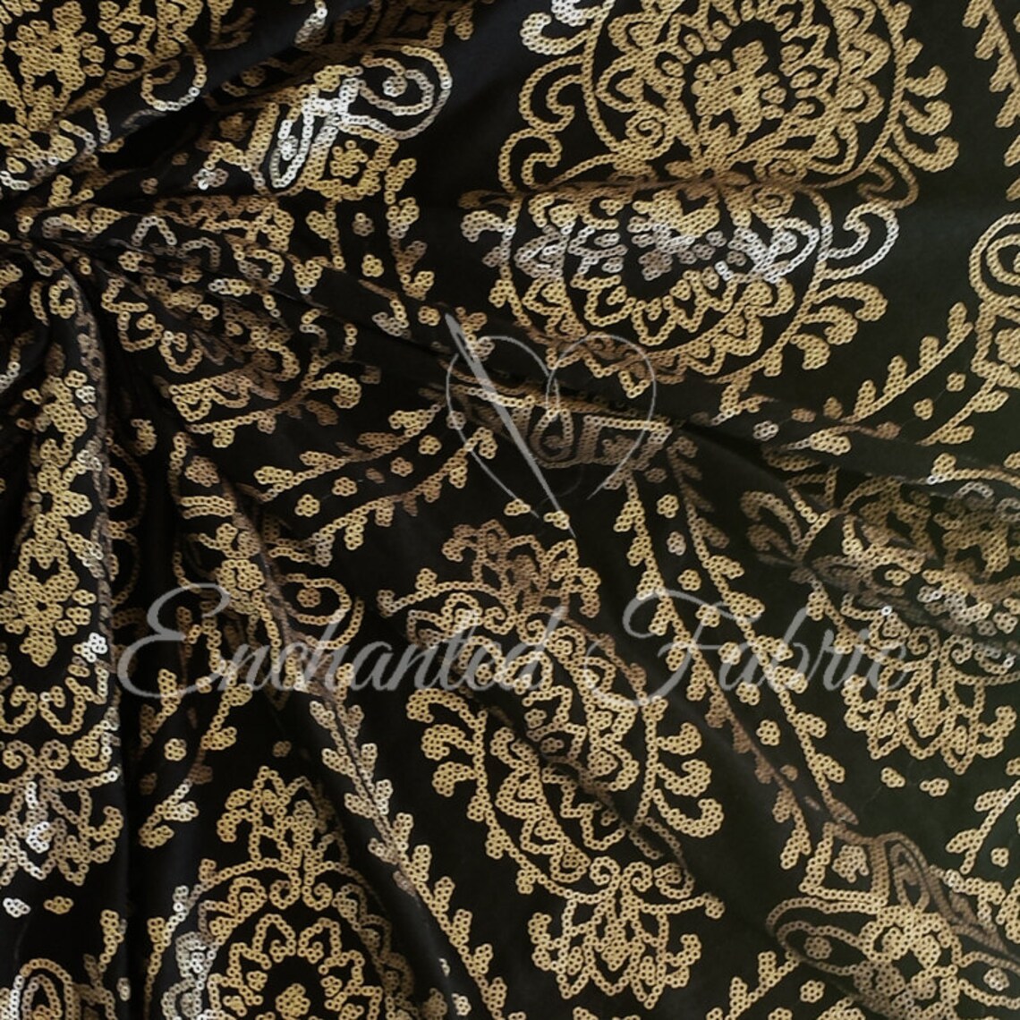 Gold Sequined Damask Pattern on Black Jersey Knit Fabric for Etsy