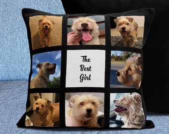 May include: A black and white photo collage cushion featuring a dog with the text "The Best Girl".