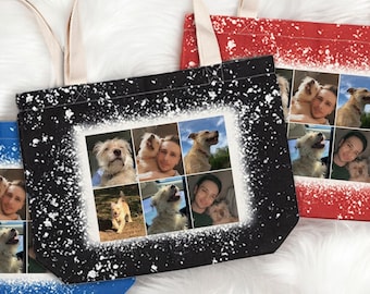 Custom Photo Collage Linen Tote Bag: Personalized Bleach Effect Design