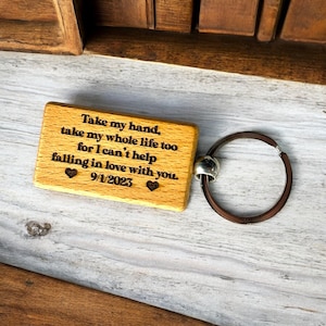 I can't help falling in love with you custom engraved wooden keychain with your special date, anniversary gift for him, wedding gift for her