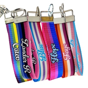 May include: Five colorful keychains with rainbow stripes and personalized names: Caleb, Lander R, Blue, Hope, and Faye.