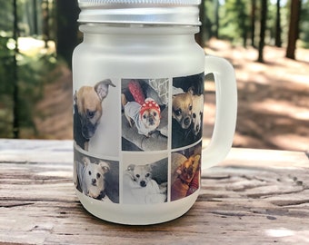 Custom Frosted Glass Mason Jar with Pet Lover Photo Collage - Personalized 12 oz capacity glass cup with lid and straw for Dog Owners