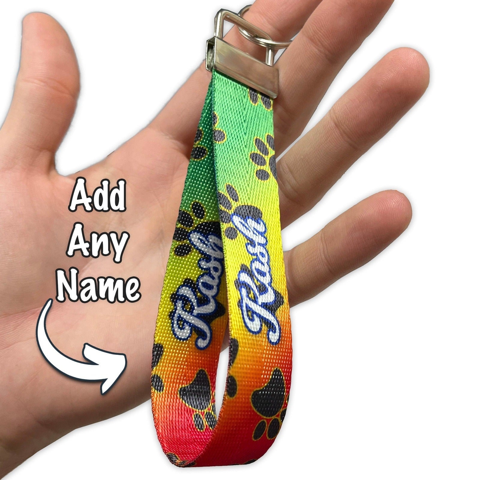 Personalized Rainbow Paw Print Nylon Key Fob with Name, Text, Vibrant Everyday Custom Keychain, Bright Colored Customized Wristlet Key Fob