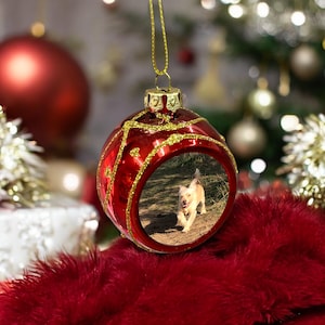 Op de afbeelding: Een ronde rode kerstbal met een gouden glitterrand en een ronde foto-inzet van een kleine lichtgekleurde hond die op een zandpad rent. De kerstbal hangt aan een gouden koord en heeft een metalen gouden dop aan de bovenkant.