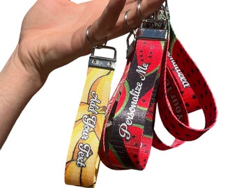 Personalized Fruit Graphic Nylon Fabric Keychain Key Fob Wristlet, Pick Your Fruit: Watermelon, Strawberry, Banana and More Graphic Prints