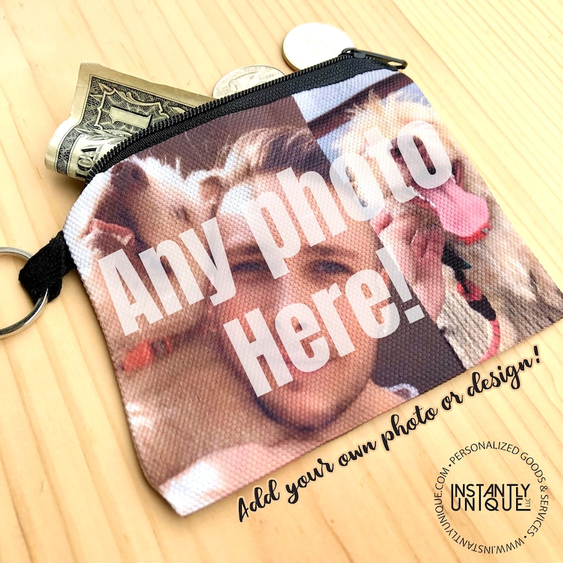 May include: A black zippered pouch with a white background and the text "Any photo Here! Add your own photo or design!" printed on it. The pouch has a photo of a person and two dogs on it.