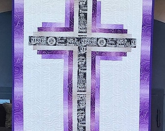 Log Cabin Block Cross 31 x 42 Wall, Lap, or Table Quilt, featuring Black, White, Purple Ombre, and Gray 100% Premium Cotton Fabric