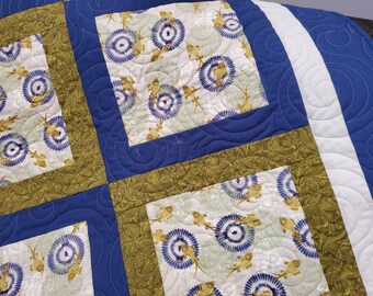 Large Lap Throw Table Topper Quilt, 51x64 in large blocks. Navy blue, avocado green and cream prints.  Pet free/smoke free home.