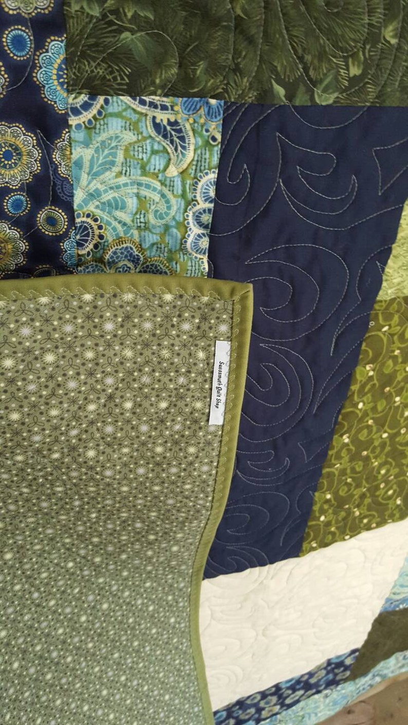 Large Lap Throw Quilt, 58x73 in a Block Pattern of Green, Blue and