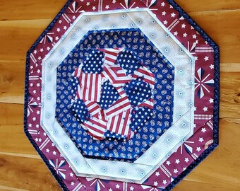 22x24 Quilted Americana, 4th of July Holiday Octagon Centerpiece Patriotic Table Topper, made in Dk Red, Navy Blue and White.
