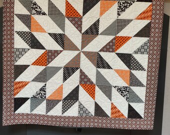 56x 56 Halloween, Fall Quilt-Wall, Table Topper. Premium Cotton fabric in multiple shades of Black, gray, orange and white as neutral.