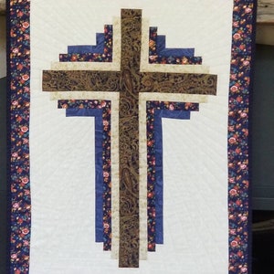 Log Cabin Cross 30 x 40 Wall Lap Table Small Quilt in Navy Blue Gold Metallic and Cream 100% Cotton Fabric. Features Sun Ray's quilting. image 1