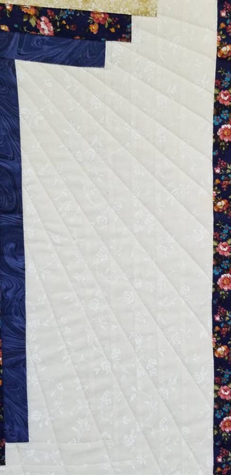 Log Cabin Cross 30 x 40 Wall Lap Table Small Quilt in Navy Blue Gold Metallic and Cream 100% Cotton Fabric. Features Sun Ray's quilting. image 6