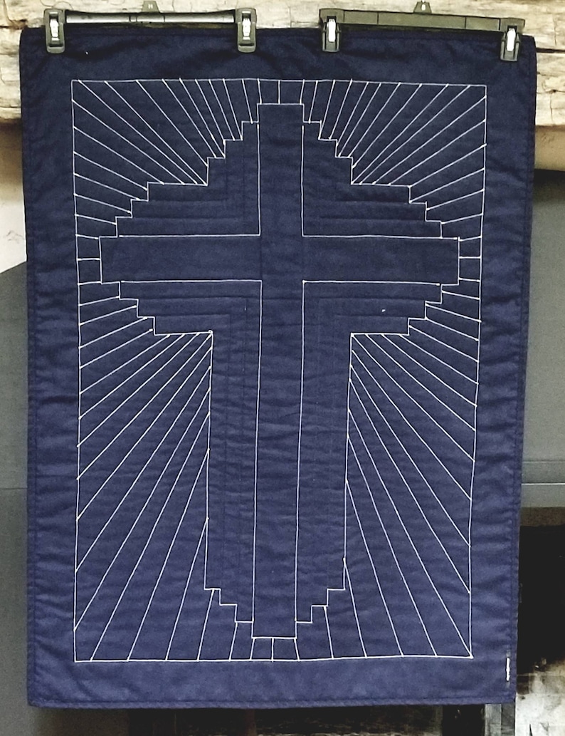 Log Cabin Cross 30 x 40 Wall Lap Table Small Quilt in Navy Blue Gold Metallic and Cream 100% Cotton Fabric. Features Sun Ray's quilting. image 2