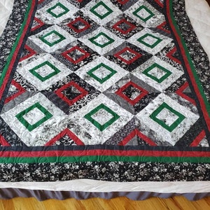 Large Lap Throw Table Topper Quilt, 56x68 in large blocks.Black/white, forest green and dark red prints. Pet free/smoke free home.Christmas image 1